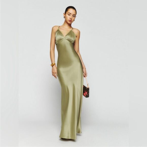 NWT Reformation Maysen Silk Dress - Olive Oil size 10 - Picture 2 of 15